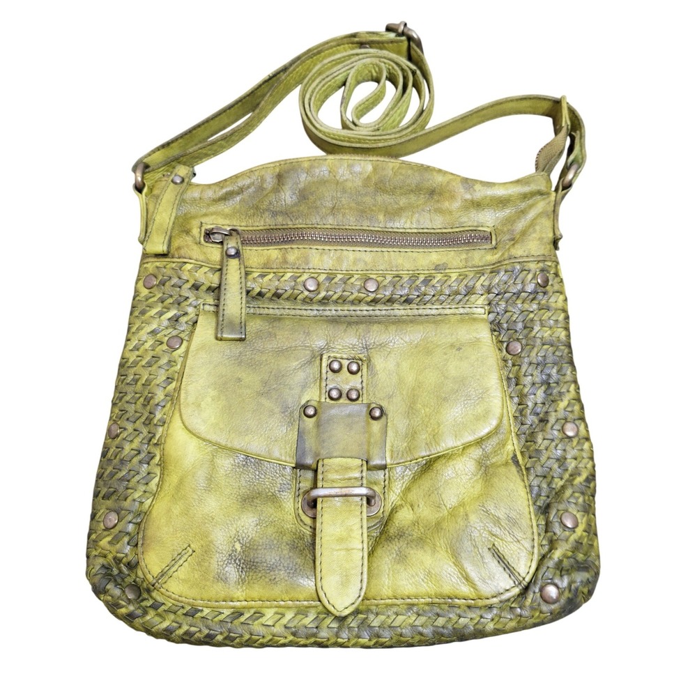 Distressed Lime Green Leather Woven Studded Crossbody Messenger Bag Boho Grunge